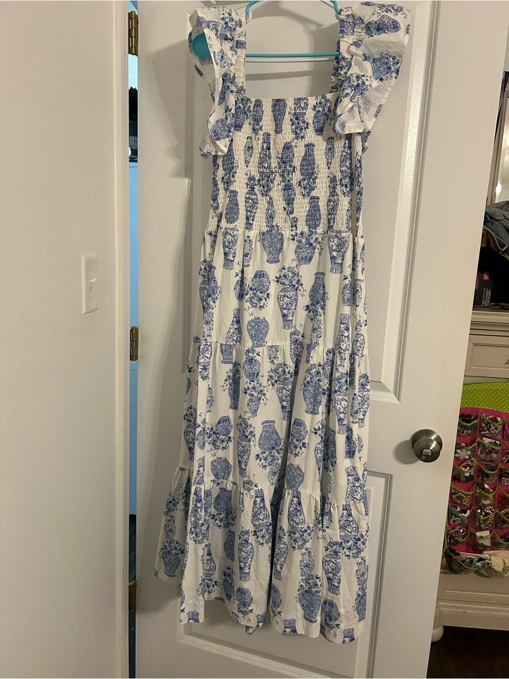 Blue & White Floral Vase Maxi Dress with Ruffle Straps